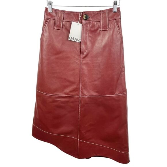 NEW GANNI Lambs Leather Madder Brown Wavy Midi Skirt Size 36/ S - Picture 4 of 8